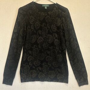 Lauren Ralph Lauren 100% Wool Lightweight Black Sweater Gold Paisley Sz M Office